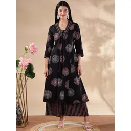 Anouk Floral Printed Pleated V-Neck Pure Cotton A-Line Kurta With Palazzos & Dupatta-picture-30