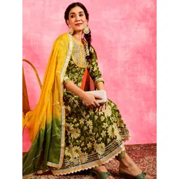 Anouk Floral Printed Pure Cotton Anarkali Kurta With Palazzos & Dupatta-image-17