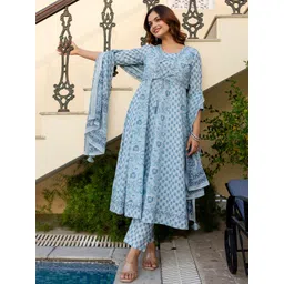 Anouk Floral Printed Pure Cotton Anarkali Kurta With Trousers & Dupatta-image-7