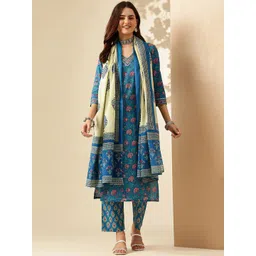 Anouk Floral Printed Regular Pure Cotton Kurta With Trousers & Dupatta-picture-26
