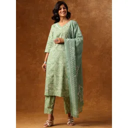 Anouk Floral Printed Round Neck Pure Cotton Straight Kurta With Trousers & Dupatta-image-45