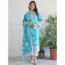 Anouk Floral Printed V-Neck Cotton Silk Kurta With Trousers & Dupatta-image-26