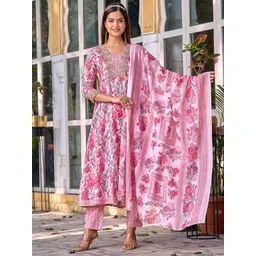 Anouk Floral Printed V-Neck Pure Cotton Thread Work A-Line Kurta With Trousers & Dupatta-image-18