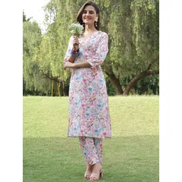 Anouk Floral Printed V-Neck Straight Kurta With Trousers-image-8