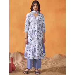 Anouk Floral Printed V-Neck Straight Pure Cotton Kurta With Trousers And Dupatta-picture-14