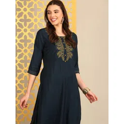 Anouk Floral Yoke Design Round Neck Thread Work Straight Kurta-picture-17