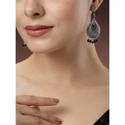 Anouk German Silver-Plated Artificial Beaded Oxidised Teardrop Shaped Drop Earrings-picture-23