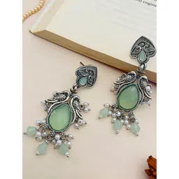 Anouk German Silver-Plated Stones Studded & Beaded Teardrop Shaped Oxidised Drop Earrings-picture-16