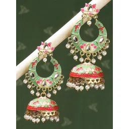 Anouk Gold-Plated Artificial Stones & beaded Dome Shaped Meenakari Jhumkas-picture-22