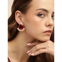 Anouk Gold Plated Artificial Stones Studded And Beaded Teardrop Shaped Drop Earrings-picture-35