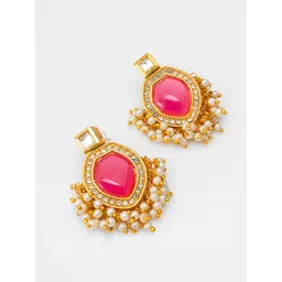 Anouk Gold-Plated Kundan studded & Pearls Beaded Contemporary Drop Earrings image 2