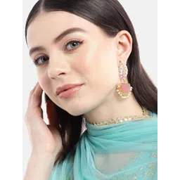 Anouk Gold-Plated Leaf Shaped Artificial Stones Studded and Beaded Drop Earrings-picture-14