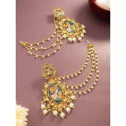 Anouk Gold-Plated Pearls Beaded Radha Krishna Oval Shaped Drop Earrings With Ear Chains-picture-37