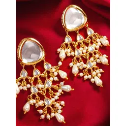 Anouk Gold-Plated Stone Studded & Pearls Beaded Chandelier Triangular Shaped Drop Earrings-picture-32