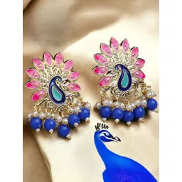 Anouk Gold-Toned & Blue Kundan Studded Beaded Peacock Shaped Meenakari Drop Earrings-picture-26