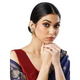 Anouk Gold-Toned Brass-Plated Stone-Studded & Beaded Floral Jhumkas-picture-15