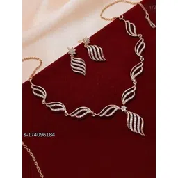 Anouk Gold-Toned Ruby & Green Stone Leaf Motif Necklace Set with Stud Earrings-picture-28