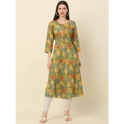 Anouk Green & Yellow Floral Printed Round neck Pure Cotton A-Line Kurta-picture-42