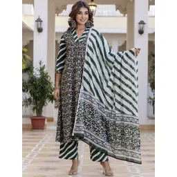 Anouk Green Floral Printed Pure Cotton Anarkali Kurta With Palazzos & Dupatta-picture-40