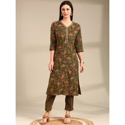 Anouk Green Floral Printed Straight Kurta With Trouser-picture-11