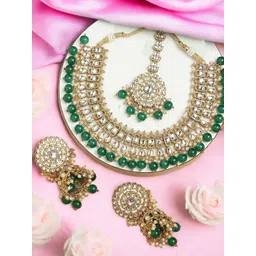 ANOUK Green Gold-Plated Kundan-Studded & Beaded Necklace & Earrings With Maang Tika-picture-35