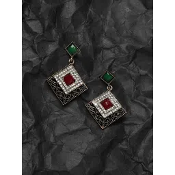 Anouk Green Gold Plated Stone Studded Contemporary Drop Earrings-picture-33