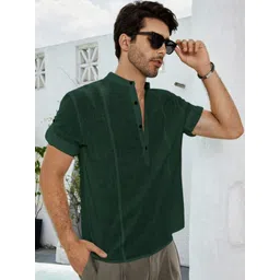 Anouk Green Mandarin Collar Cotton Linen Straight Short Kurta-picture-26