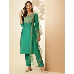 Anouk Green Notch-Neck Floral Embroidered Straight Kurta With Trousers And Dupatta-picture-14