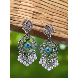 Anouk Green Rhodium-Plated Contemporary Shaped Oxidised Jhumkas-picture-16
