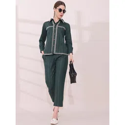 Anouk Green Striped Embroidered Pure Cotton Shirt & Trousers Co-Ords-picture-19