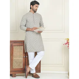 Anouk Grey Floral Embroidered Mandarin Collar Sequinned Pure Cotton Kurta With Pyjamas-picture-19