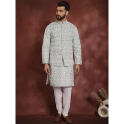 Anouk Grey Floral Embroidered Mandarin Collar Straight Kurta With Churidar-picture-21