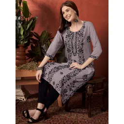 Anouk Grey Floral embroidered Round Neck Kurta image 1