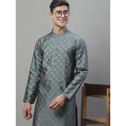 Anouk Grey Mandarin Collar Woven Design Silk Cotton Kurta image 4