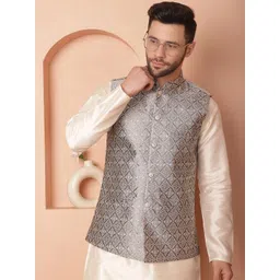 Anouk Grey Woven Design Mandarin Collar Silk & Cotton Nehru Jacket-picture-10