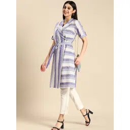 Anouk Lapel Collar Roll-Up Sleeves Striped Pure Cotton Fusion Wrap Kurta With Belt-picture-36