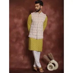 Anouk Mandarin Collar Geometic Embroidered Kurta With Churidar & Nehru Jacket-picture-22
