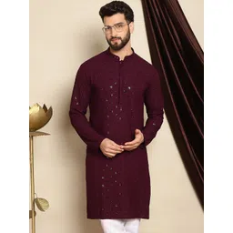 Anouk Maroon Embroidered Sequined Mandarin Collar Pure Cotton Kurta-picture-17