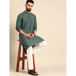 Anouk Men Green & White Floral Printed Pure Cotton Kurta with Trousers-picture-23