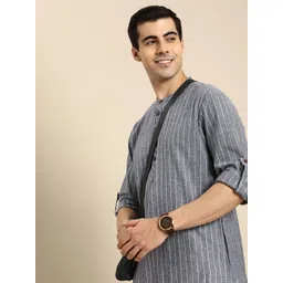 Anouk Men Grey & Silver-Toned Striped Mandarin Collar Roll-Up Sleeves Straight Kurta-picture-29