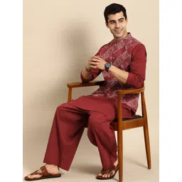 Anouk Men Maroon Pure Cotton Kurta with Trousers & Printed Nehru Jacket-image-47