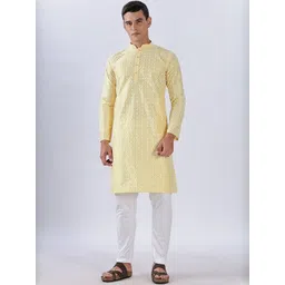 Anouk Men Yellow Cotton Embroidered Straight Kurtas-image-24