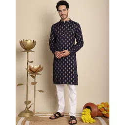 Anouk Navy Blue & White Ethnic Motifs Printed Straight Kurta with Pyjamas-picture-10
