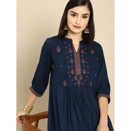 Anouk Navy Blue Ethnic Motifs Yoke Embroidered A-Line Dress-picture-15