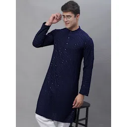Anouk Navy Blue Floral Embroidered Sequined Band Collar Kurta-picture-22