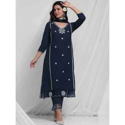 Anouk Navy Blue Floral Embroidered Thread Work Pure Cotton Kurta With Trousers & Dupatta-picture-37