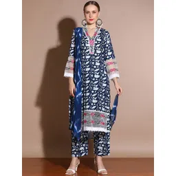 Anouk Navy Blue Floral Printed Thread Work Pure Cotton Straight Kurta & Trouser & Dupatta-picture-21