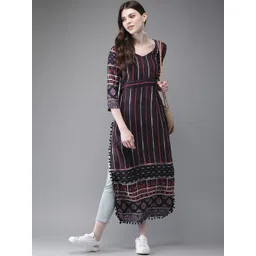 Anouk Navy Blue Striped Rayon Straight Kurta With Pompom Lace Hem-picture-30