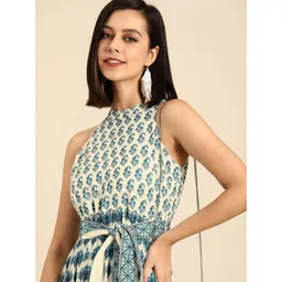Anouk Off White & Navy Blue Ethnic Digital Print Crepe A-Line Midi Dress With Belt-picture-31