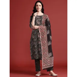 Anouk Paisley Print Pure Cotton Kurta With Trousers & Dupatta-picture-38